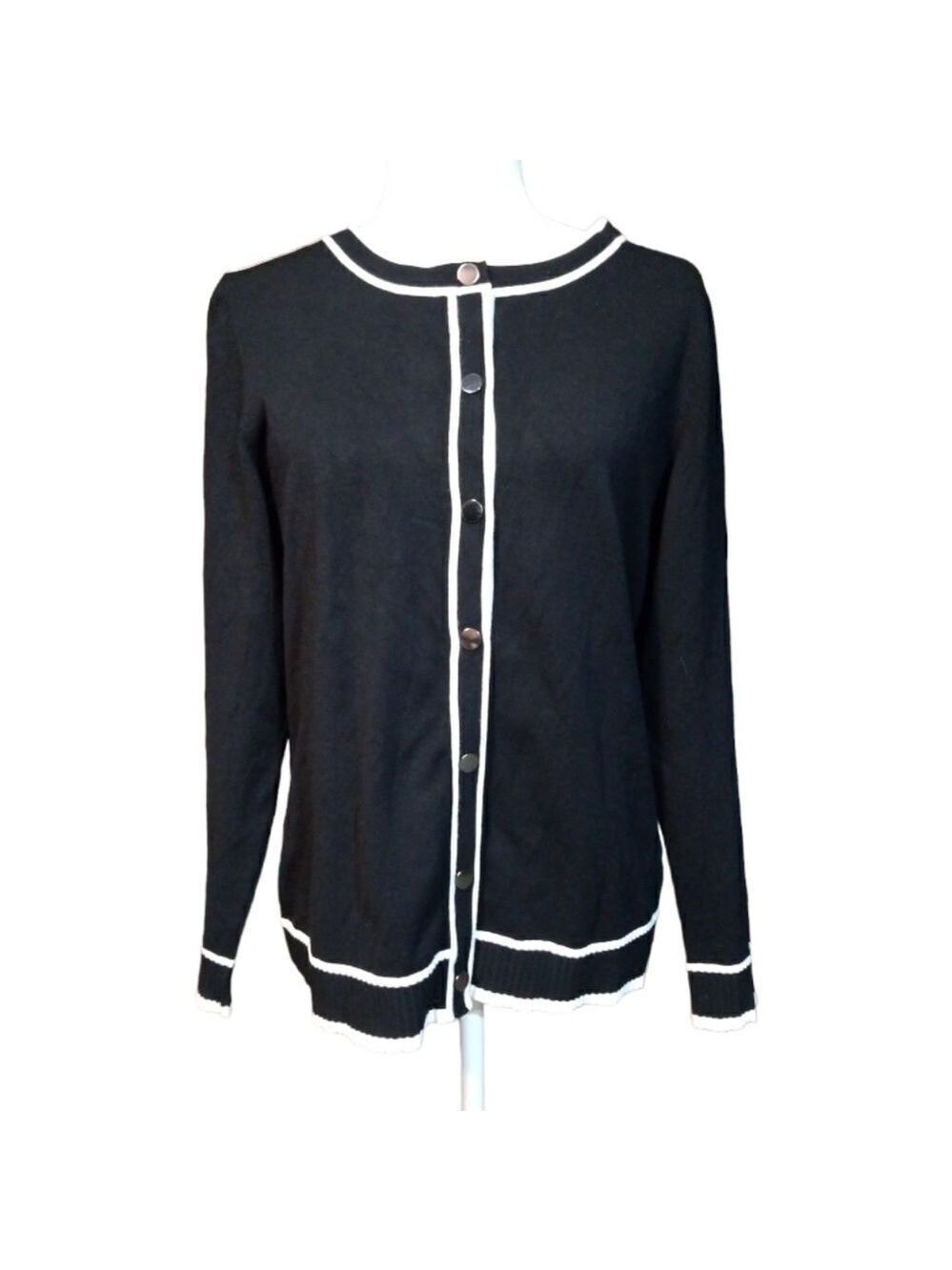 1 2 3 Paris Long Sleeves Snap Closure Black with White Trim Cardigan Size L